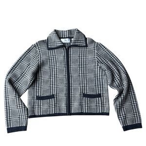 VTG Danielle Martin 100% Merino Wool Houndstooth Full Zip Sweater Jacket M